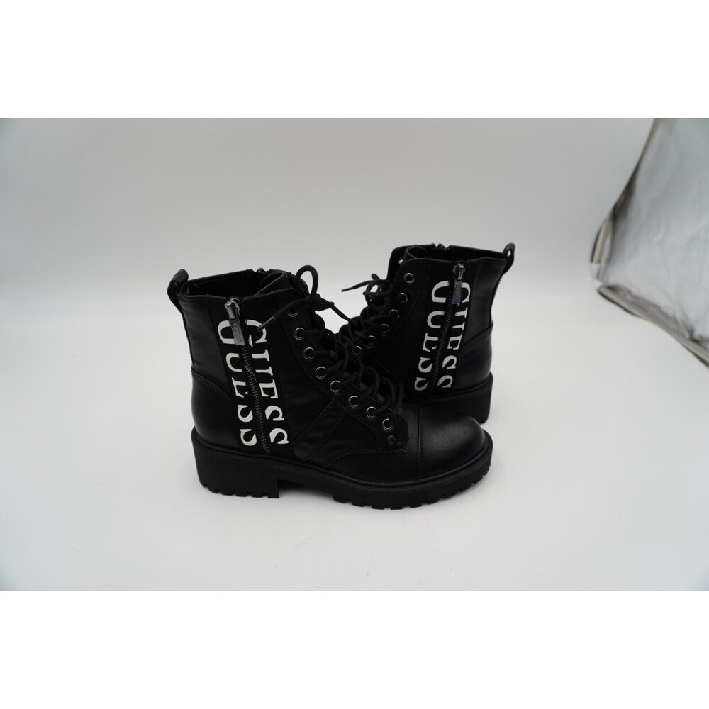 New Guess Logo Combat Ankle Black Boots with Lace and Zip Closure Size 7 1/2.